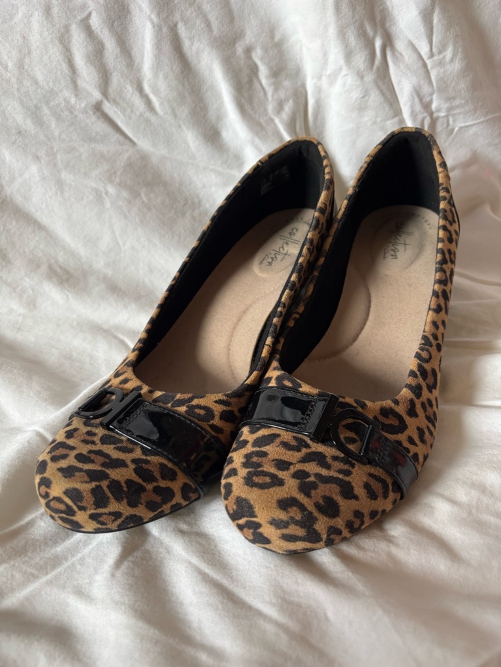 Clarks Leopard Print Ballet Flats with Black Patent Trim
